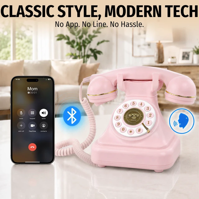 Alt view image 2 of 7 - Pink Bluetooth Landline Phone, Bluetooth Phone with Speakerphone Retro Home Phones with Music Playback & Hands-Free Call for Home, Office, Hotel, Party Use