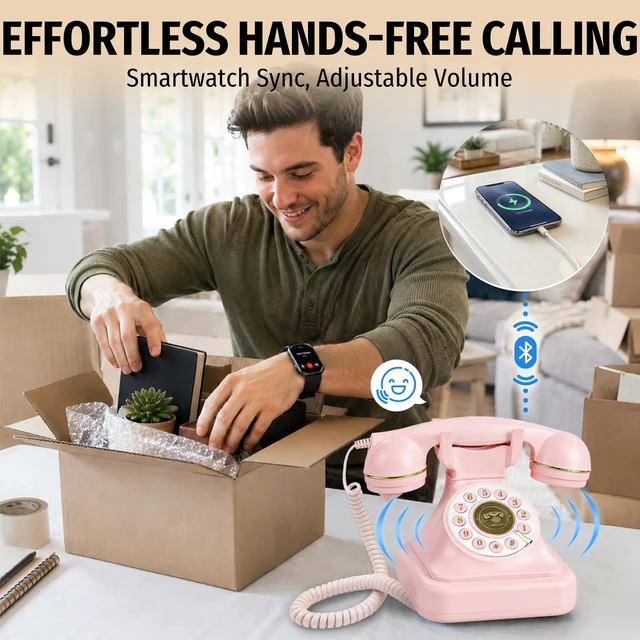 Alt view image 3 of 7 - Pink Bluetooth Landline Phone, Bluetooth Phone with Speakerphone Retro Home Phones with Music Playback & Hands-Free Call for Home, Office, Hotel, Party Use