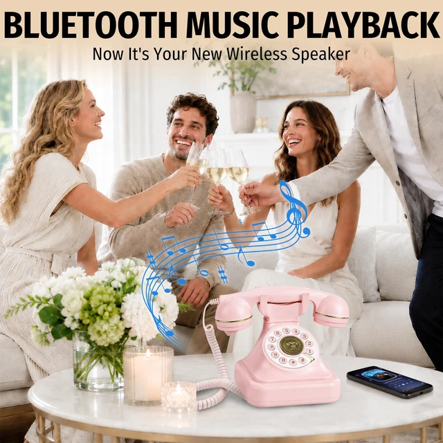 Alt view image 4 of 7 - Pink Bluetooth Landline Phone, Bluetooth Phone with Speakerphone Retro Home Phones with Music Playback & Hands-Free Call for Home, Office, Hotel, Party Use