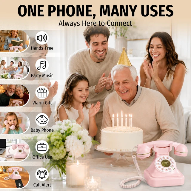 Alt view image 5 of 7 - Pink Bluetooth Landline Phone, Bluetooth Phone with Speakerphone Retro Home Phones with Music Playback & Hands-Free Call for Home, Office, Hotel, Party Use
