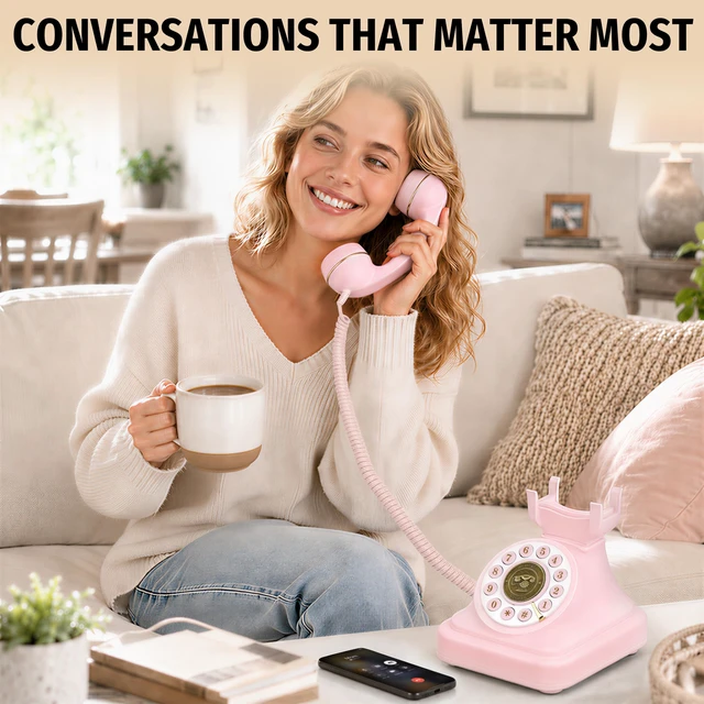 Alt view image 6 of 7 - Pink Bluetooth Landline Phone, Bluetooth Phone with Speakerphone Retro Home Phones with Music Playback & Hands-Free Call for Home, Office, Hotel, Party Use