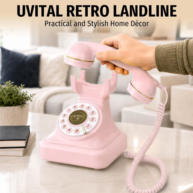 Alt view image 7 of 7 - Pink Bluetooth Landline Phone, Bluetooth Phone with Speakerphone Retro Home Phones with Music Playback & Hands-Free Call for Home, Office, Hotel, Party Use