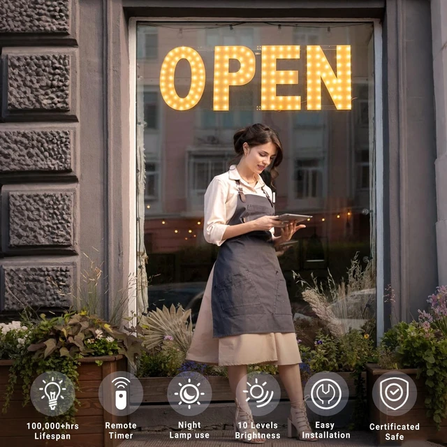 Alt view image 3 of 7 - 32 x 17IN Led open signs for business, Dimmable Large Warm White Light up Open Sign for Window with Timer, Open Close Signs for Business Outdoor Store Restaurant Office Bar Cafes Salon Restaurant