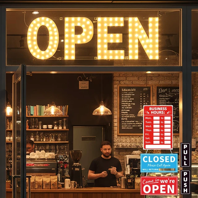 Alt view image 7 of 7 - 32 x 17IN Led open signs for business, Dimmable Large Warm White Light up Open Sign for Window with Timer, Open Close Signs for Business Outdoor Store Restaurant Office Bar Cafes Salon Restaurant