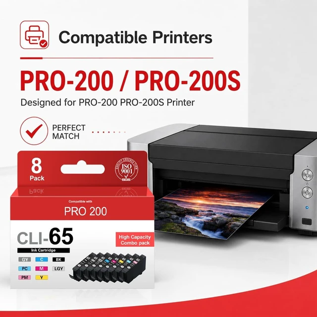Alt view image 2 of 7 - CLI-65 Cli65 Ink Cartridges Replacement for CLI 65 Pro-200 Ink with PRO-200, PRO-200S Printers (8-Pack, 1BK, 1C, 1M, 1Y, 1PM, 1PC, 1GY, 1LGY)