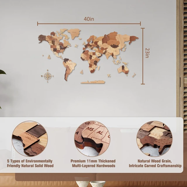Alt view image 3 of 7 - Wooden World Map 3D, Wood World Map Wall Art, Multilayered Wooden Map of The World Wall Decoration, Idea Housewarming Gift Large Wood Travel Map for Home & Office Décor (M)