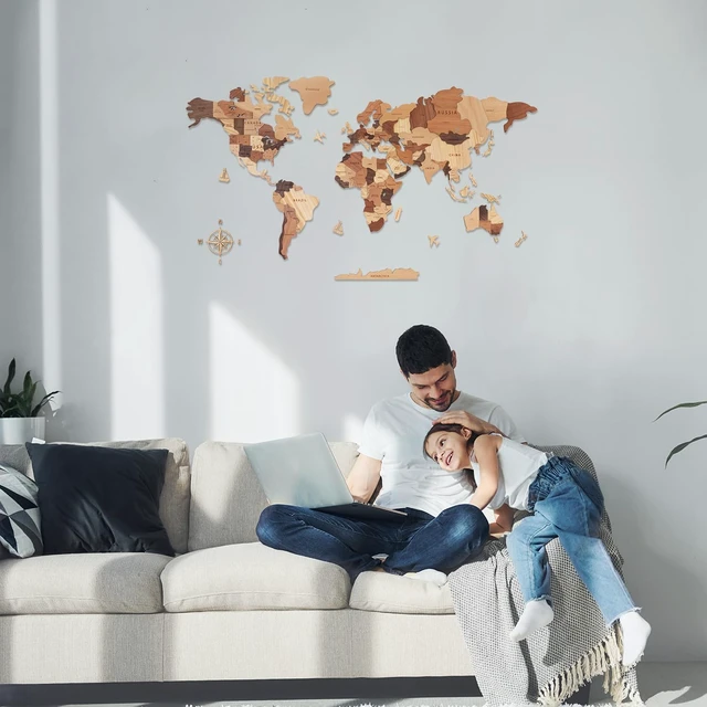 Alt view image 4 of 7 - Wooden World Map 3D, Wood World Map Wall Art, Multilayered Wooden Map of The World Wall Decoration, Idea Housewarming Gift Large Wood Travel Map for Home & Office Décor (M)