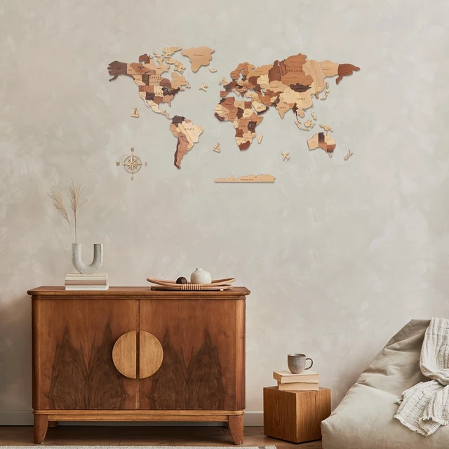 Alt view image 6 of 7 - Wooden World Map 3D, Wood World Map Wall Art, Multilayered Wooden Map of The World Wall Decoration, Idea Housewarming Gift Large Wood Travel Map for Home & Office Décor (M)