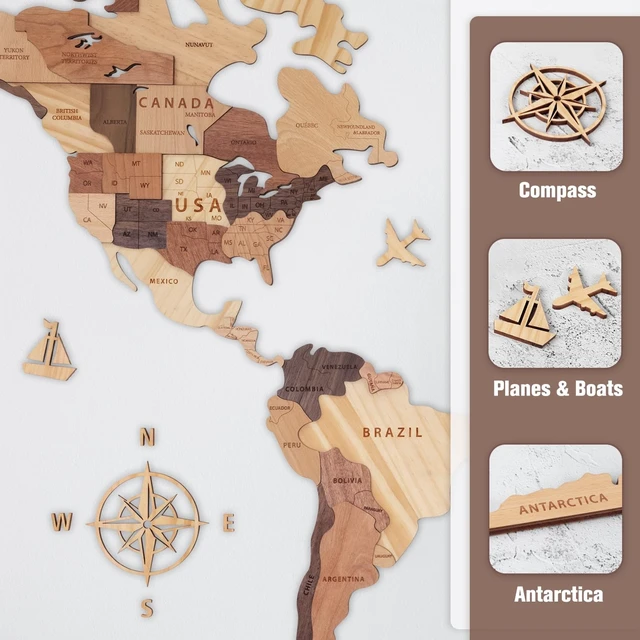 Alt view image 7 of 7 - Wooden World Map 3D, Wood World Map Wall Art, Multilayered Wooden Map of The World Wall Decoration, Idea Housewarming Gift Large Wood Travel Map for Home & Office Décor (M)