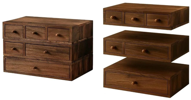 Main image of Stackable 3-Piece Set - Wood Desk Organizer with Drawers Desktop Organization for Office, Crafts, Makeup, Sewing, Emboridery DMC Floss & Small Accessories Rustic Storage Box with 6 Slots