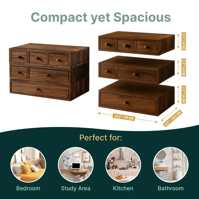 Alt view image 2 of 7 - Stackable 3-Piece Set - Wood Desk Organizer with Drawers Desktop Organization for Office, Crafts, Makeup, Sewing, Emboridery DMC Floss & Small Accessories Rustic Storage Box with 6 Slots