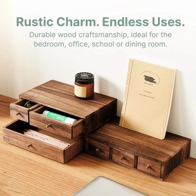 Alt view image 3 of 7 - Stackable 3-Piece Set - Wood Desk Organizer with Drawers Desktop Organization for Office, Crafts, Makeup, Sewing, Emboridery DMC Floss & Small Accessories Rustic Storage Box with 6 Slots