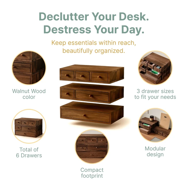 Alt view image 4 of 7 - Stackable 3-Piece Set - Wood Desk Organizer with Drawers Desktop Organization for Office, Crafts, Makeup, Sewing, Emboridery DMC Floss & Small Accessories Rustic Storage Box with 6 Slots