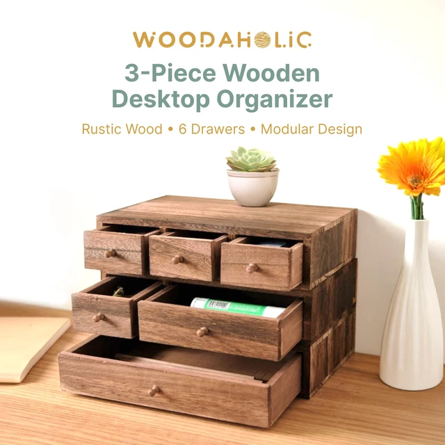 Alt view image 5 of 7 - Stackable 3-Piece Set - Wood Desk Organizer with Drawers Desktop Organization for Office, Crafts, Makeup, Sewing, Emboridery DMC Floss & Small Accessories Rustic Storage Box with 6 Slots