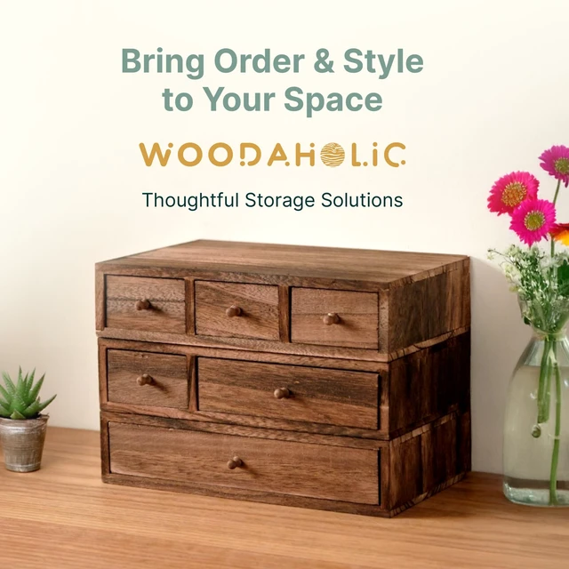 Alt view image 7 of 7 - Stackable 3-Piece Set - Wood Desk Organizer with Drawers Desktop Organization for Office, Crafts, Makeup, Sewing, Emboridery DMC Floss & Small Accessories Rustic Storage Box with 6 Slots