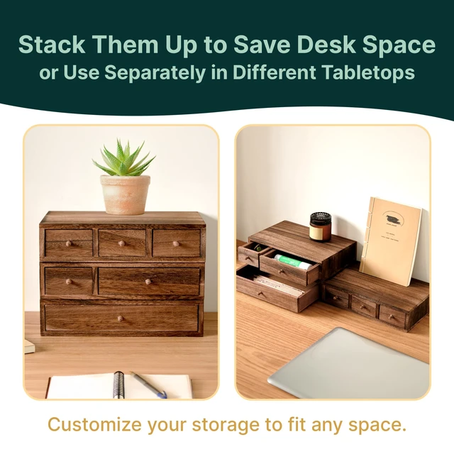 Alt view image 6 of 7 - Stackable 3-Piece Set - Wood Desk Organizer with Drawers Desktop Organization for Office, Crafts, Makeup, Sewing, Emboridery DMC Floss & Small Accessories Rustic Storage Box with 6 Slots