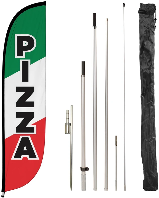 Main image of Feather Flag Pole Kit - 12 Feet Tall Advertising Flag Banner with Fiberglass Pole Kit and Ground Spike for Business Promotion - Food & Restaurant Flags - Pizza Red/White/Green (10M1200056)