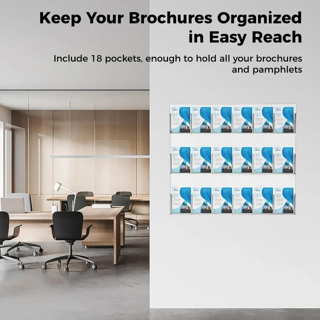 Alt view image 3 of 6 - 18 Pockets Acrylic Brochure Pamphlet Holder Wall Mount, 4 inches Pocket Brochure Display Stand, Pamphlet Display Stand Wall Mount, Clear Plastic Trifold Flyer Rack Literature Holder