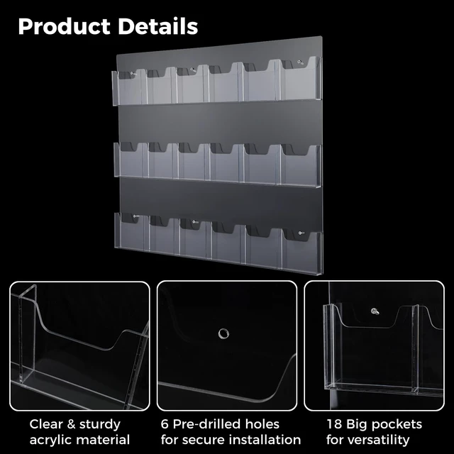 Alt view image 4 of 6 - 18 Pockets Acrylic Brochure Pamphlet Holder Wall Mount, 4 inches Pocket Brochure Display Stand, Pamphlet Display Stand Wall Mount, Clear Plastic Trifold Flyer Rack Literature Holder