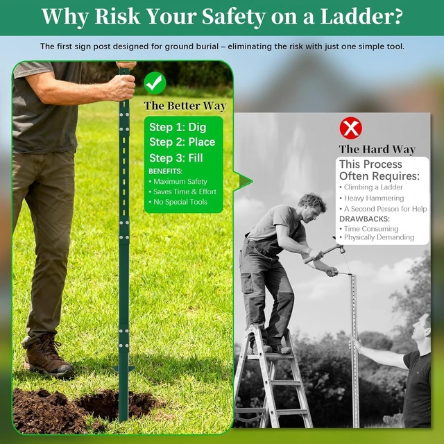 Alt view image 2 of 7 - 2 Pack 8' Sign Post Stake Metal for Outside, Heavy Duty Yard Sign Stake, Rust, Wind & Dust Resistant Sturdy Metal Pole for Outside, Yard, Road, Parking Fits Signs 7 to 18 Inch (Green)
