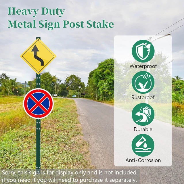 Alt view image 5 of 7 - 2 Pack 8' Sign Post Stake Metal for Outside, Heavy Duty Yard Sign Stake, Rust, Wind & Dust Resistant Sturdy Metal Pole for Outside, Yard, Road, Parking Fits Signs 7 to 18 Inch (Green)