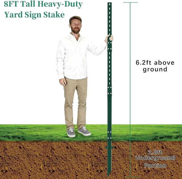 Alt view image 6 of 7 - 2 Pack 8' Sign Post Stake Metal for Outside, Heavy Duty Yard Sign Stake, Rust, Wind & Dust Resistant Sturdy Metal Pole for Outside, Yard, Road, Parking Fits Signs 7 to 18 Inch (Green)
