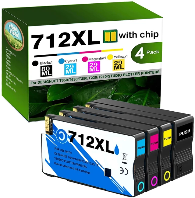 Main image of 712XL 712 XL Ink Compatible for HP 712 Ink Cartridges Combo Pack High Yield Replacement for HP DesignJet T210 T230 T250 T630 T650 Studio Plotter Printer (1 Black,1 Cyan,1 Magenta,1 Yellow)