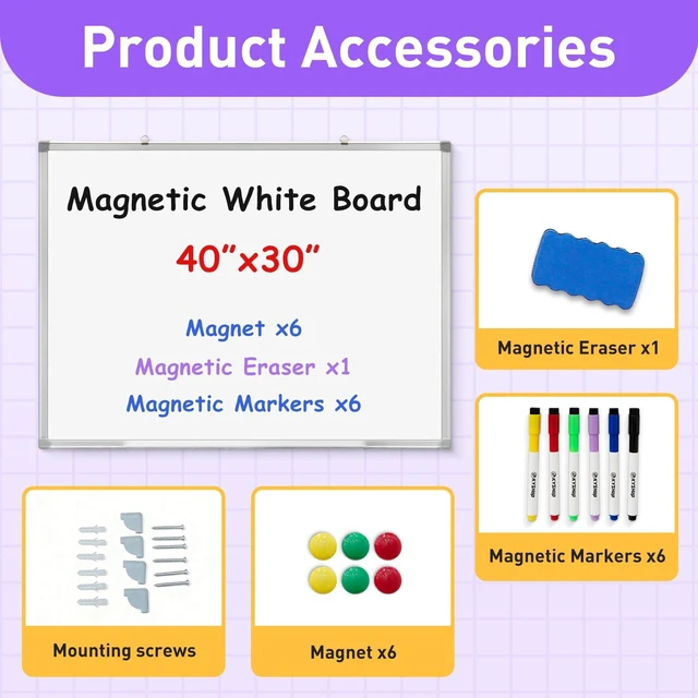 Alt view image 4 of 7 - Magnetic Dry Erase Whiteboard 40x30 Inch, Aluminum Framed Wall Mount Comes with Marker Tray, Markers, Magnets & Eraser; Ideal for Home, Office, Classroom & Meeting Room