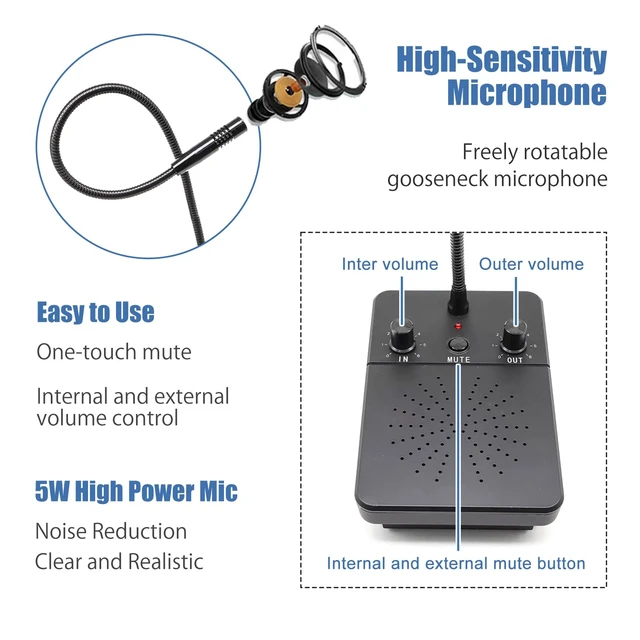Alt view image 3 of 6 - Window Intercom Dual Way Voice Communication Microphone Talk Through Glass Anti-Interference Counter Speaker System for Bank Post Office Ticket Booth Food Truck Deli