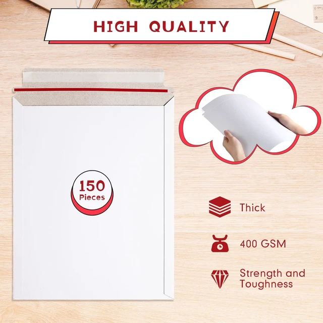 Alt view image 2 of 7 - 150 Pack Rigid Mailers 9.25 x 11.8 Inches Resealable Photo Document Mailers Cardboard White Stay Flat Envelopes for Shipping Photos Pictures Papers Files Cd Magazines Comic Books