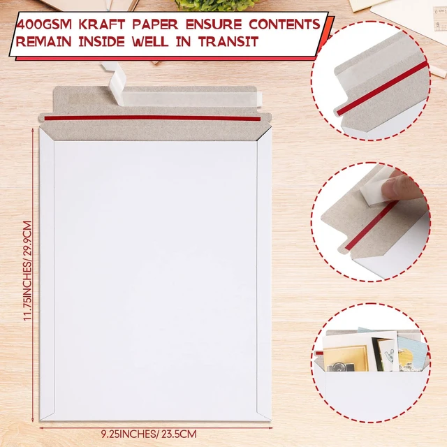 Alt view image 3 of 7 - 150 Pack Rigid Mailers 9.25 x 11.8 Inches Resealable Photo Document Mailers Cardboard White Stay Flat Envelopes for Shipping Photos Pictures Papers Files Cd Magazines Comic Books