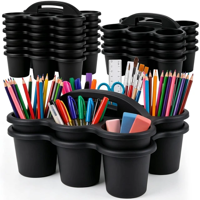 Main image of 12 Pack Classroom Caddy, Stackable Plastic Caddy Storage Basket with Handle for Kids, Table Desk Office Arts, Crafts, Crayon, Marker, Pencil, School Supplies (Black)