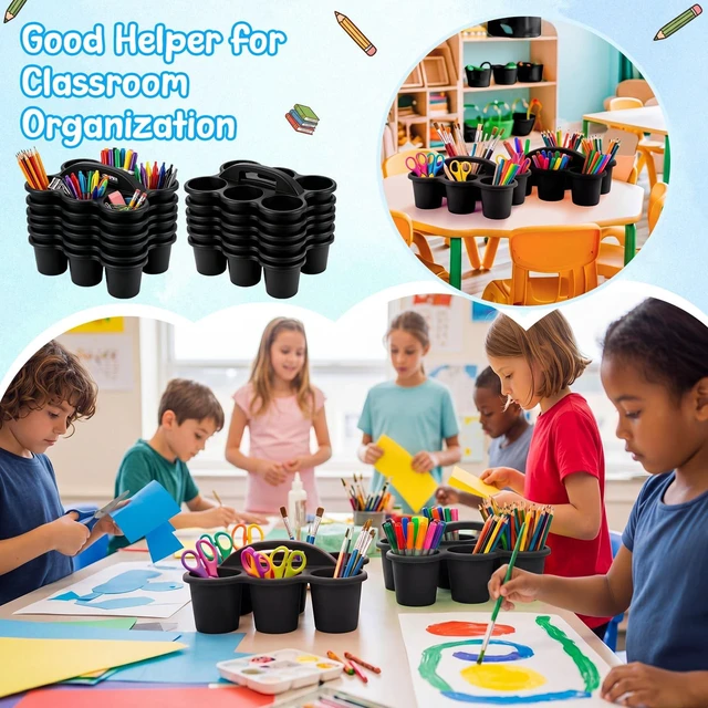 Alt view image 2 of 7 - 12 Pack Classroom Caddy, Stackable Plastic Caddy Storage Basket with Handle for Kids, Table Desk Office Arts, Crafts, Crayon, Marker, Pencil, School Supplies (Black)