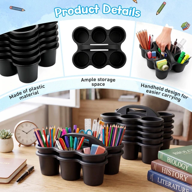 Alt view image 5 of 7 - 12 Pack Classroom Caddy, Stackable Plastic Caddy Storage Basket with Handle for Kids, Table Desk Office Arts, Crafts, Crayon, Marker, Pencil, School Supplies (Black)