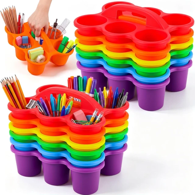 Main image of 12 Pack Classroom Caddy, Stackable Plastic Caddy Storage Basket with Handle for Kids, Table Desk Office Arts, Crafts, Crayon, Marker, Pencil, School Supplies (Assorted Colors)
