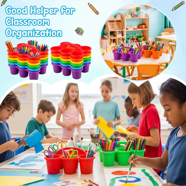 Alt view image 2 of 7 - 12 Pack Classroom Caddy, Stackable Plastic Caddy Storage Basket with Handle for Kids, Table Desk Office Arts, Crafts, Crayon, Marker, Pencil, School Supplies (Assorted Colors)
