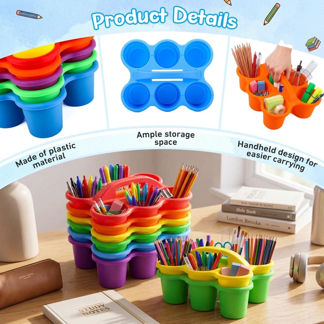 Alt view image 5 of 7 - 12 Pack Classroom Caddy, Stackable Plastic Caddy Storage Basket with Handle for Kids, Table Desk Office Arts, Crafts, Crayon, Marker, Pencil, School Supplies (Assorted Colors)