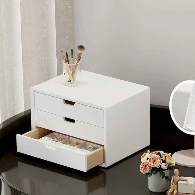 Alt view image 2 of 7 - Desk Organizer with 3 Drawers, ALEX Drawer Unit, Chic White Wood Cosmetic Makeup Organizer for Office Vanity Tabletop Storage 13.8"X 9"X10.2"