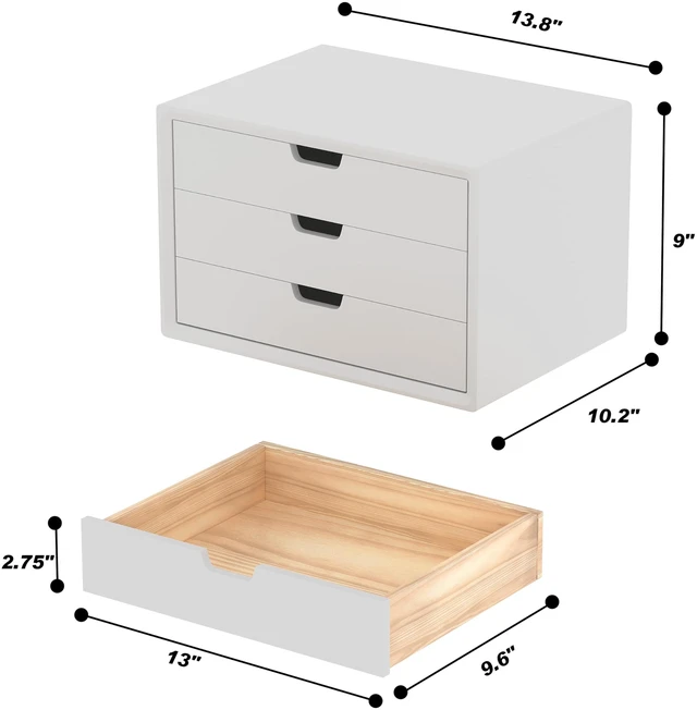 Alt view image 3 of 7 - Desk Organizer with 3 Drawers, ALEX Drawer Unit, Chic White Wood Cosmetic Makeup Organizer for Office Vanity Tabletop Storage 13.8"X 9"X10.2"