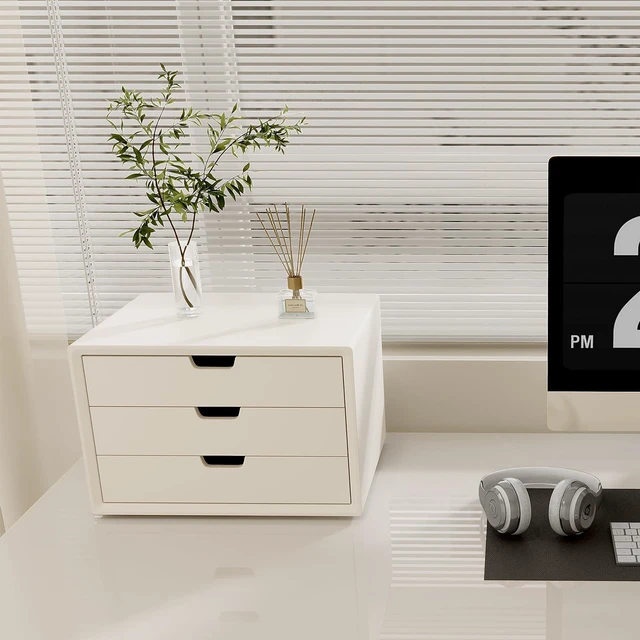 Alt view image 4 of 7 - Desk Organizer with 3 Drawers, ALEX Drawer Unit, Chic White Wood Cosmetic Makeup Organizer for Office Vanity Tabletop Storage 13.8"X 9"X10.2"