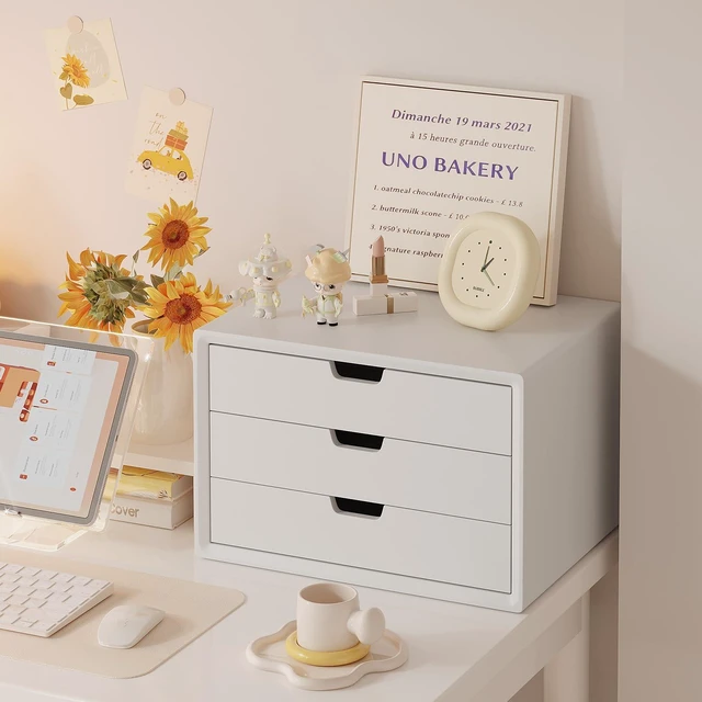 Alt view image 5 of 7 - Desk Organizer with 3 Drawers, ALEX Drawer Unit, Chic White Wood Cosmetic Makeup Organizer for Office Vanity Tabletop Storage 13.8"X 9"X10.2"