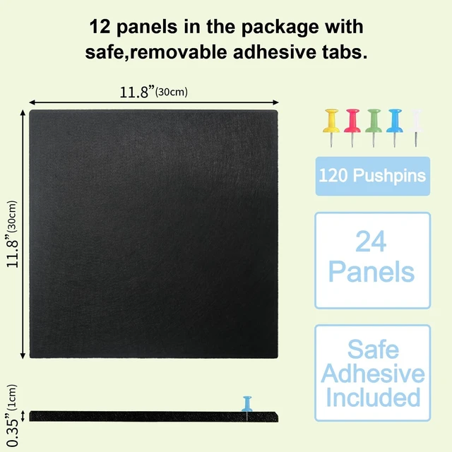 Alt view image 5 of 6 - 70"x47" Cork Boards for Walls, 12 Pack Bulletin Board for Office Large Felt Wall Tiles, Safe Removable Adhesive Tabs, No-Drill Install, 60 Push Pins Included, Gentle on Pins