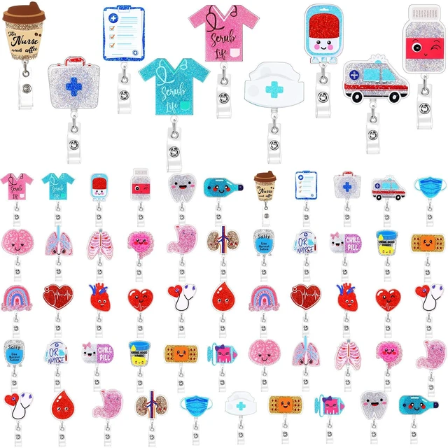 Main image of 60 Pcs Funny Nurse Badge Reels Bulk Cute Retractable Name ID Clip Tag Badge Holder for Doctor Student Medical Assistant Coworker Work Accessories Funny Gifts