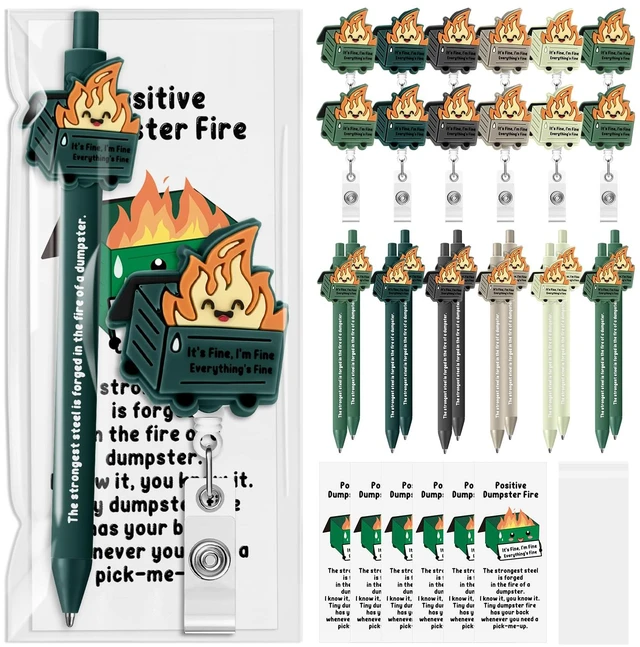 Main image of 96 Sets Dumpster Fire Gifts Badge Reels and Funny Pens Bookmark Dumpster Fire Response Team, Retractable Badge Holder, Employee Appreciation Gift, Back to School, for Office Student Teacher