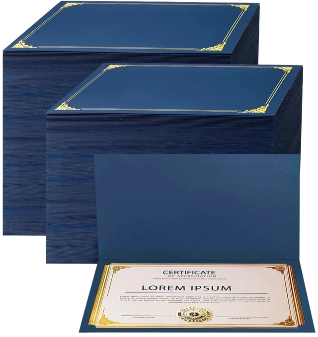 Main image of 150-Pack Navy Blue Certificate Holders with Gold Foil Border, Diploma Covers for Letter Size 8.5x11 Certificates, Awards, Graduation, and Document Papers,Cardstock