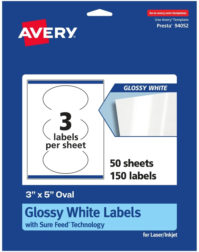 Main image of ® Glossy White Oval Labels, Sure Feed® Technology, 3" x 5", 150 Glossy White Labels, Print-to-The-Edge, Permanent Adhesive, Laser/Inkjet Printable
