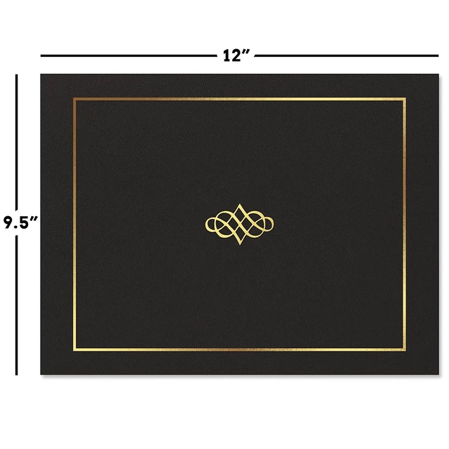 Main image of Ornate Black & Gold Certificate Folders - Pack of 25, Linen Cover 80 lb. Stock, Folded, Die-Cut Corners, for Office, Business Awards, Graduation, School Diploma Holder, 9-1/2" x 12"