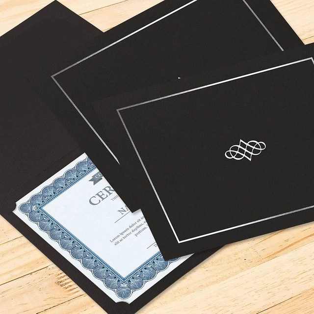 Alt view image 6 of 6 - Ornate Black & Silver Certificate Folders - Pack of 25, Linen Cover 80 lb. Stock, Folded, Die-Cut Corners, for Office, Business Awards, Graduation, School Diploma Holder, 9-1/2" x 12"