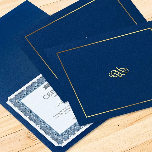 Alt view image 6 of 6 - Ornate Blue & Gold Certificate Folders - Pack of 25, Linen Cover 80 lb. Stock, Folded, Die-Cut Corners, for Office, Business Awards, Graduation, School Diploma Holder, 9-1/2" x 12"