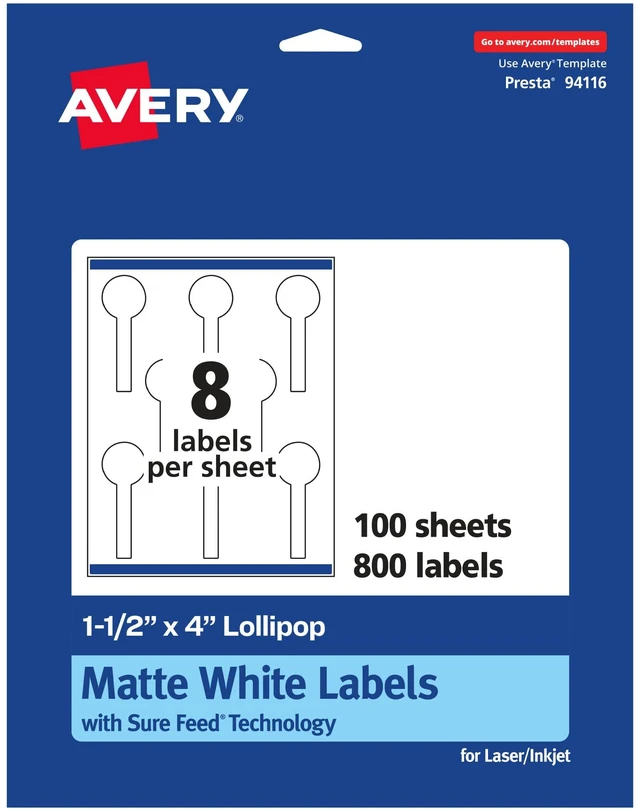 Main image of ® Matte White Lollipop Labels, Sure Feed® Technology, 1.5" x 4", 800 White Labels, Print-to-The-Edge, Permanent Adhesive, Laser/Inkjet Printable